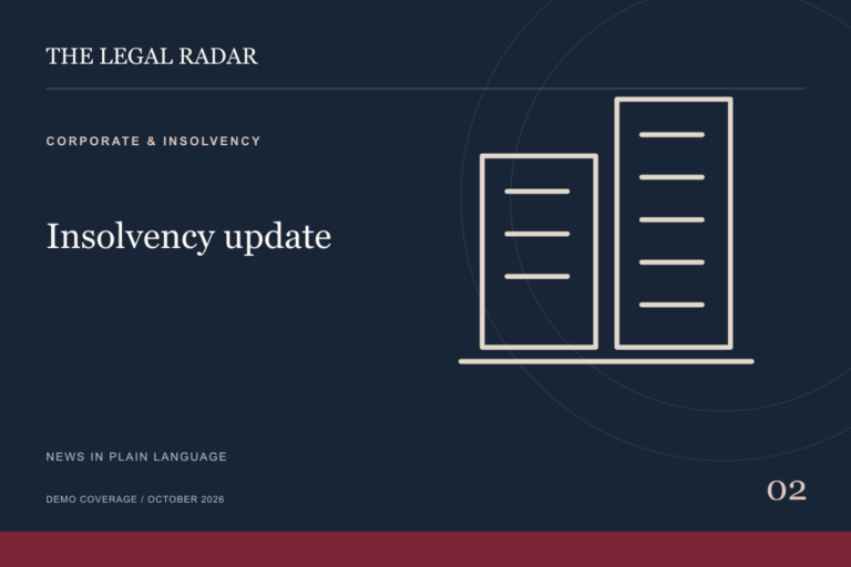 Original illustration of office buildings with The Legal Radar branding and the words Insolvency update.