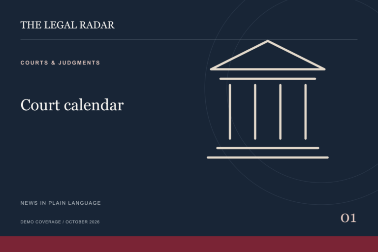 Original editorial illustration of a courthouse, with The Legal Radar branding and the words Court calendar.