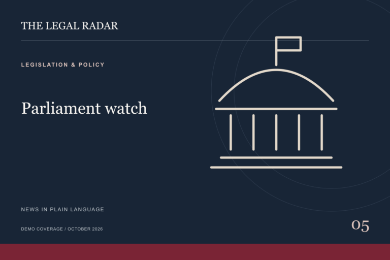 Original illustration of a parliament building, with The Legal Radar branding and the words Parliament watch.