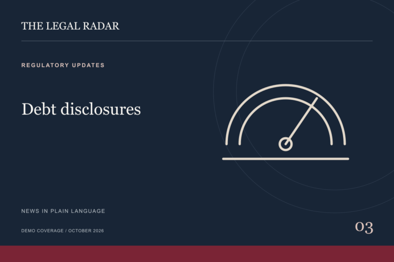 Original editorial illustration of a gauge, with The Legal Radar branding and the words Debt disclosures.