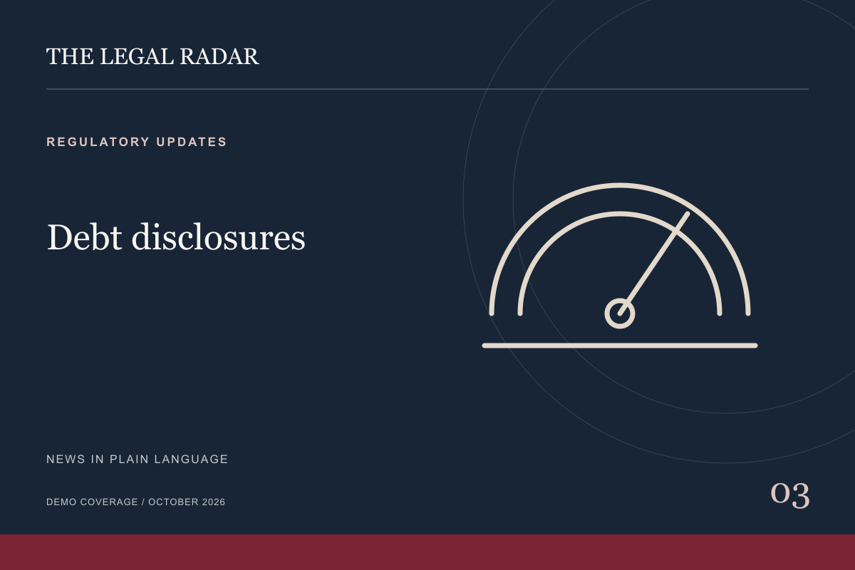 Original editorial illustration of a gauge, with The Legal Radar branding and the words Debt disclosures.